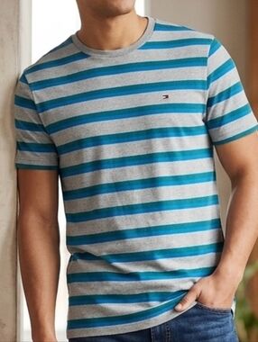NEW Tommy Hilfiger Men’s Striped T-Shirt - Grey/Blue/Teal - Size Medium (NWT)